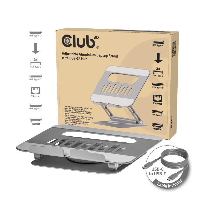 CLUB3D Säädettävä alumiininen kannettavan tietokoneen teline USB-C®-keskittimellä