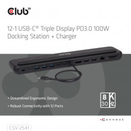 CLUB3D CSV-2541 kannettavien tietokoneiden telakka ja porttitoistin Telakointi USB 3.2 Gen 1 (3.1 Gen 1) Type-C Musta