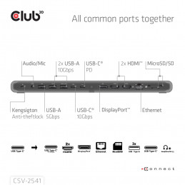CLUB3D CSV-2541 kannettavien tietokoneiden telakka ja porttitoistin Telakointi USB 3.2 Gen 1 (3.1 Gen 1) Type-C Musta