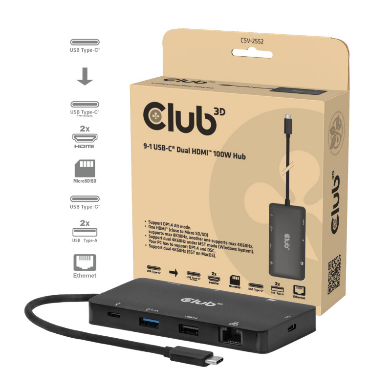 CLUB3D CSV-2552 keskitin USB Type-C 5000 Mbit s Musta