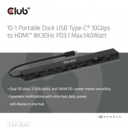 CLUB3D CSV-2550 kannettavien tietokoneiden telakka ja porttitoistin Langallinen USB Type-C Musta