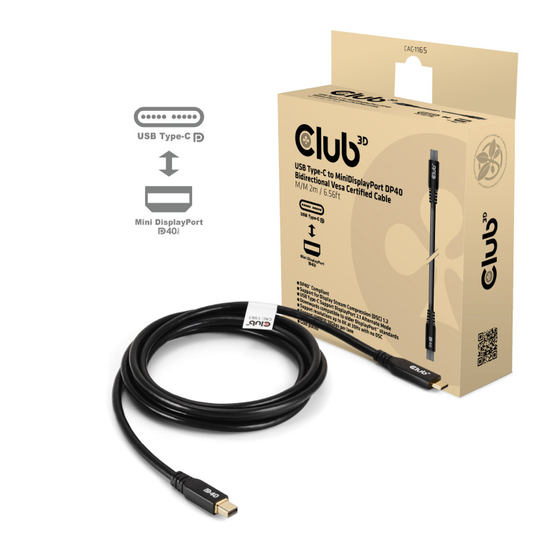 CLUB3D CAC-1561 DisplayPort-kaapeli 2 m Mini DisplayPort USB Type-C Musta