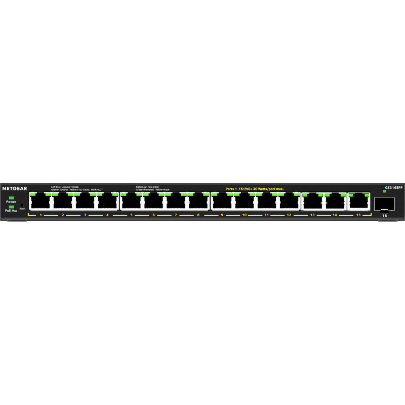 NETGEAR 16-Port High-Power PoE+ Gigabit Ethernet Plus Switch (231W) with 1 SFP port (GS316EPP) Hallittu Gigabit Ethernet