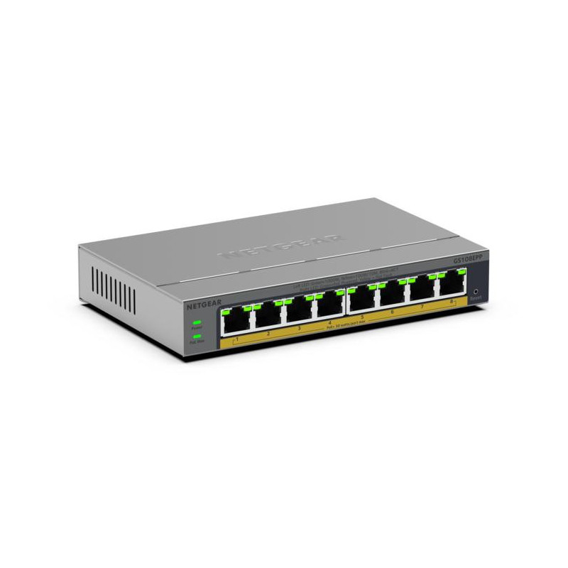 NETGEAR GS108EPP Hallitsematon Gigabit Ethernet (10 100 1000) Power over Ethernet -tuki Työpöytä- seinäkiinnitys Harmaa