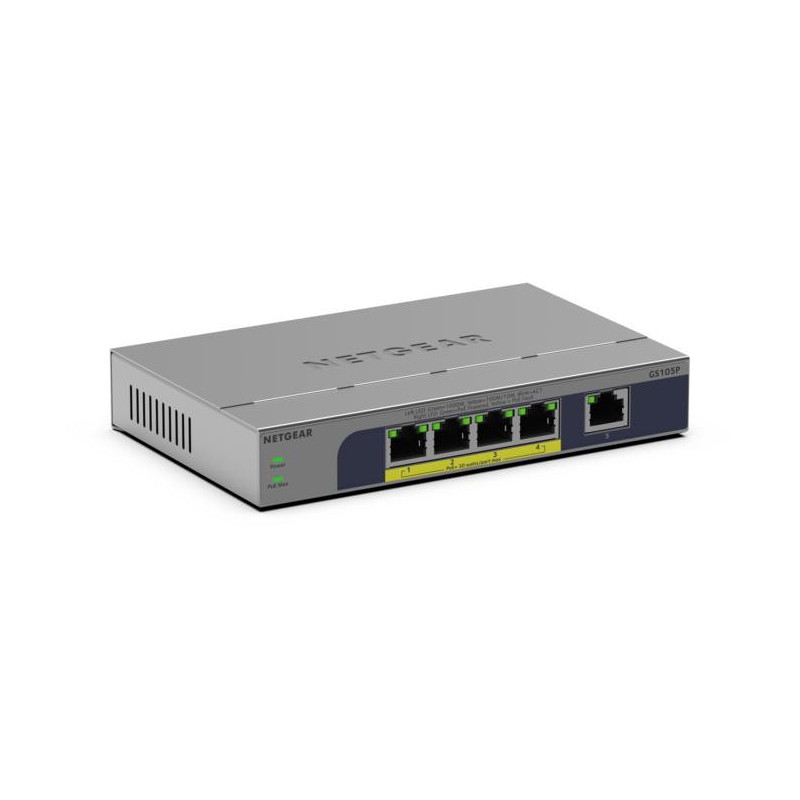 NETGEAR GS105P Hallitsematon Gigabit Ethernet (10 100 1000) Power over Ethernet -tuki Työpöytä- seinäkiinnitys Harmaa
