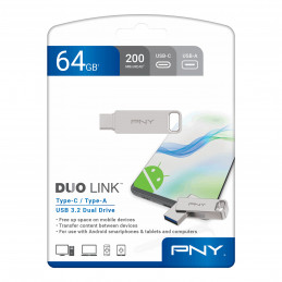 PNY DUO LINK USB-muisti 64 GB USB Type-A   USB Type-C 3.2 Gen 1 (3.1 Gen 1) Ruostumaton teräs