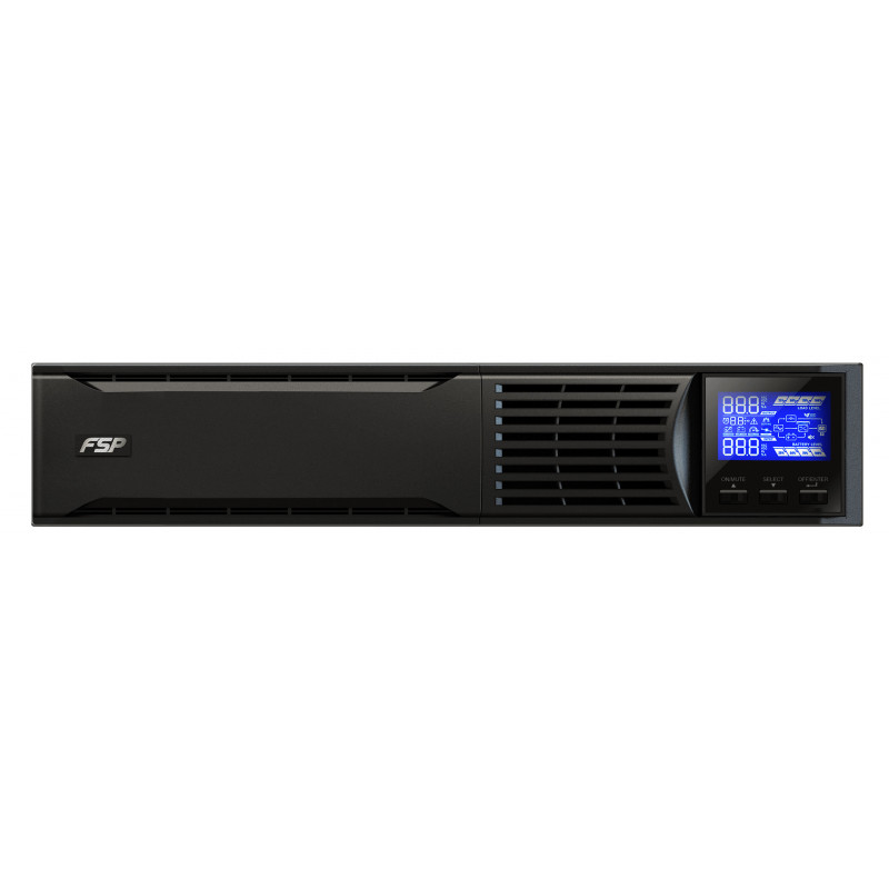 FSP Champ Rack 2K UPS-virtalähde Taajuuden kaksoismuunnos (verkossa) 2 kVA 1800 W 3 AC-pistorasia(a)