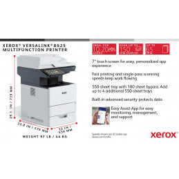 Xerox VersaLink B625, A4, 61 sivua min, 2-puolinen kopiointi-tulostus-skannaus-faksi, PS3, PCL5e 6, 2 paperialustaa, 650 arkkia