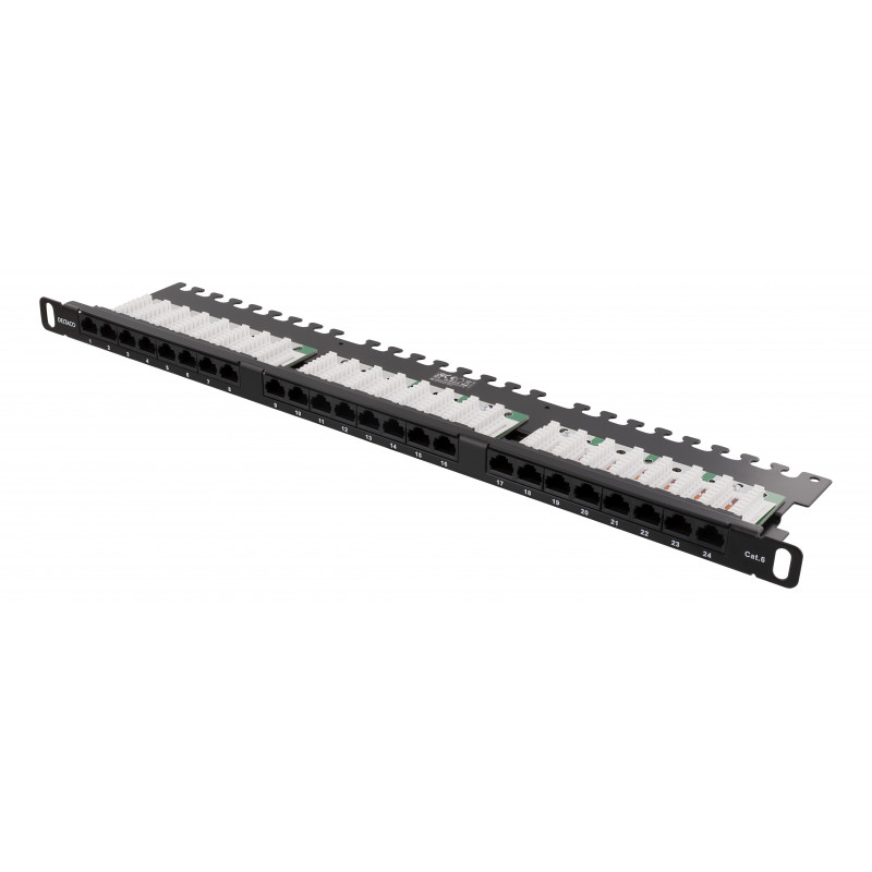 Deltaco UTP kytkentäpaneeli 24xRJ45, Cat6, 0,5U, 19", kaapelituki