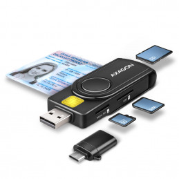 Axagon CRE-SMP2A USB Smart card & SD microSD SIM PocketReader älykortin lukijalaite Sisätila USB Type-A USB Type-C Musta