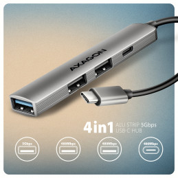 Axagon HUB USB HUE-STC, 4x USB ALU STRIP hub, 1x USB-A 5Gbps, 2x USB-A & 1x USB-C 480Mbps, kabel USB-C 12cm USB 3.2 Gen 1 (3.1