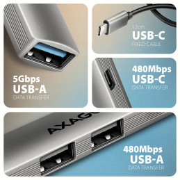Axagon HUB USB HUE-STC, 4x USB ALU STRIP hub, 1x USB-A 5Gbps, 2x USB-A & 1x USB-C 480Mbps, kabel USB-C 12cm USB 3.2 Gen 1 (3.1