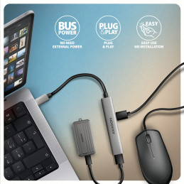 Axagon HUB USB HUE-STC, 4x USB ALU STRIP hub, 1x USB-A 5Gbps, 2x USB-A & 1x USB-C 480Mbps, kabel USB-C 12cm USB 3.2 Gen 1 (3.1