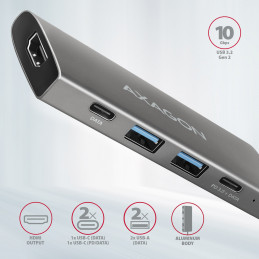 Axagon HMC-5G21 kannettavien tietokoneiden telakka ja porttitoistin Langallinen USB 3.2 Gen 2 (3.1 Gen 2) Type-C Harmaa