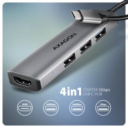 Axagon HMC-H3A kannettavien tietokoneiden telakka ja porttitoistin Langallinen USB 3.2 Gen 1 (3.1 Gen 1) Type-C Hopea