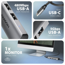 Axagon HMC-H3A kannettavien tietokoneiden telakka ja porttitoistin Langallinen USB 3.2 Gen 1 (3.1 Gen 1) Type-C Hopea