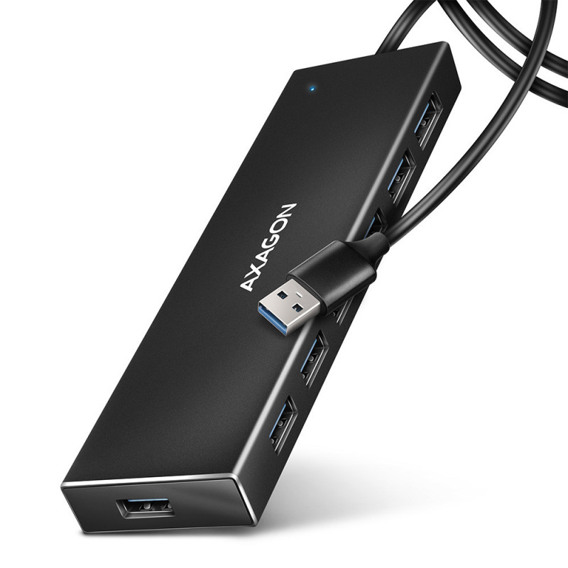 Axagon HUE-F7A 7x USB 3.2 Gen 1 ALU FLAT hub micro power IN 1m USB-A USB 3.2 Gen 1 (3.1 Gen 1) Type-A 5000 Mbit s Musta