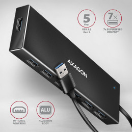 Axagon HUE-F7A 7x USB 3.2 Gen 1 ALU FLAT hub micro power IN 1m USB-A USB 3.2 Gen 1 (3.1 Gen 1) Type-A 5000 Mbit s Musta