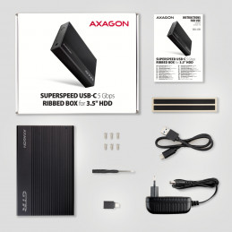 Axagon EE35-GTR USB-C 5Gbps - SATA 6G, 3.5 RIBBED box BLACK - USB Typ C HDD-kotelo Musta 3.5"