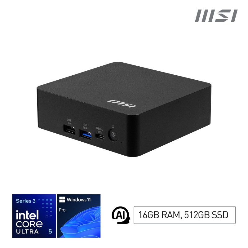 MSI Cubi NUC AI+ 3MG-004EU Copilot+ PC Intel Core Ultra 5 322 16 GB DDR5-SDRAM 512 GB SSD Windows 11 Pro Mini PC Musta
