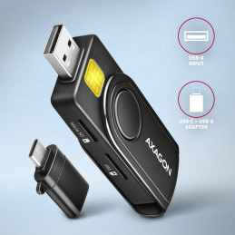 Axagon CRE-SMP2A USB Smart card & SD microSD SIM PocketReader älykortin lukijalaite Sisätila USB Type-A USB Type-C Musta