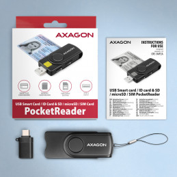Axagon CRE-SMP2A USB Smart card & SD microSD SIM PocketReader älykortin lukijalaite Sisätila USB Type-A USB Type-C Musta