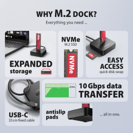 Axagon ADSA-M2C11L tallennusaseman telakointiasema USB 3.2 Gen 2 (3.1 Gen 2) Type-C Musta
