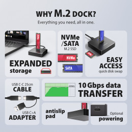 Axagon ADSA-M2C11 tallennusaseman telakointiasema USB 3.2 Gen 2 (3.1 Gen 2) Type-C Musta
