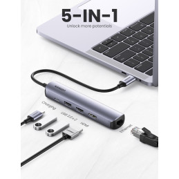 Ugreen 10919 kannettavien tietokoneiden telakka ja porttitoistin Langallinen USB 3.2 Gen 1 (3.1 Gen 1) Type-C Harmaa