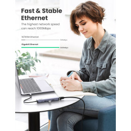 Ugreen 10919 kannettavien tietokoneiden telakka ja porttitoistin Langallinen USB 3.2 Gen 1 (3.1 Gen 1) Type-C Harmaa