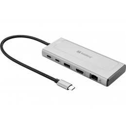 Sandberg 136-82 kannettavien tietokoneiden telakka ja porttitoistin Langallinen USB 3.2 Gen 2 (3.1 Gen 2) Type-C Harmaa