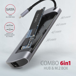 Axagon HMC-6M2 kannettavien tietokoneiden telakka ja porttitoistin Langallinen USB 3.2 Gen 1 (3.1 Gen 1) Type-C Alumiini
