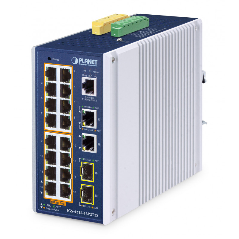 PLANET IP30 Industrial L2 L4 16-Port Hallittu L2 L4 Gigabit Ethernet (10 100 1000) Power over Ethernet -tuki Alumiini, Sininen