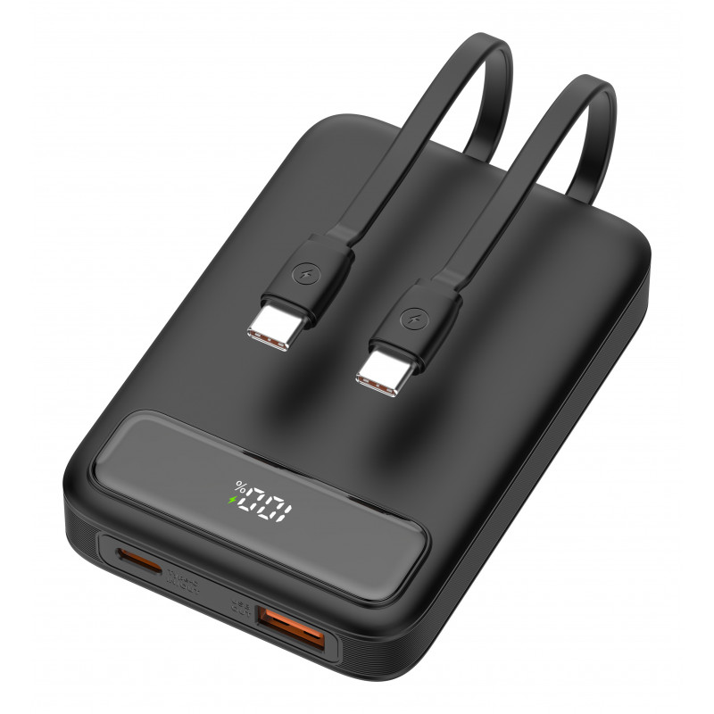 Deltaco Varavirtalähde 10 000 mAh, 2x Sisäänrakennetut USB-C-kaapelit, PD 20 W, musta