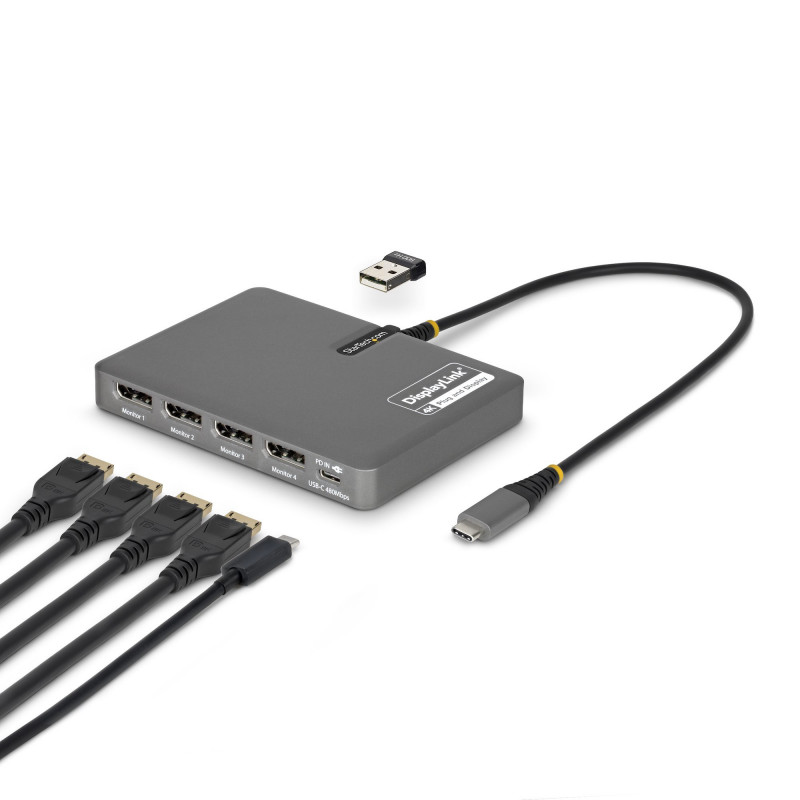 StarTech.com QUAD-USB-DP-ADAPT kannettavien tietokoneiden telakka ja porttitoistin Langallinen USB 3.2 Gen 1 (3.1 Gen 1) Type-C