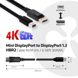 CLUB3D Mini DisplayPort to DisplayPort 1.2 M M 2m 6.56ft 4K60Hz