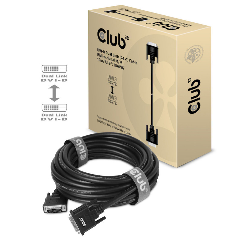 CLUB3D DVI-D DUAL LINK (24+1) CABLE BI DIRECTIONAL M M 10m 32.8 ft 28AWG Musta