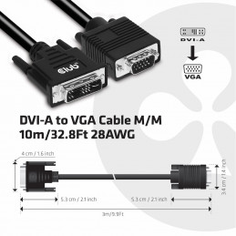 CLUB3D DVI-A TO VGA CABLE M M 3m  9.8ft 28 AWG DVI-D Musta