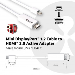CLUB3D Mini DisplayPort™ 1.2 to HDMI™ 2.0 Active Cable 4K60Hz 3Meter 9.84Feet M M