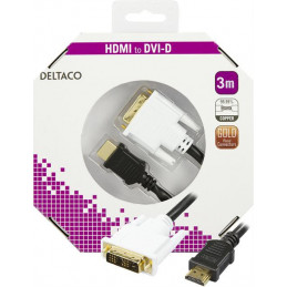 Deltaco HDMI-113-K videokaapeli-adapteri 3 m HDMI-tyyppi A (vakio) DVI-D Musta, Valkoinen