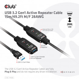 CLUB3D CAC-1406 USB-kaapeli 15 m USB 3.2 Gen 1 (3.1 Gen 1) USB A Musta