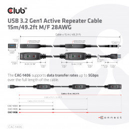 CLUB3D CAC-1406 USB-kaapeli 15 m USB 3.2 Gen 1 (3.1 Gen 1) USB A Musta