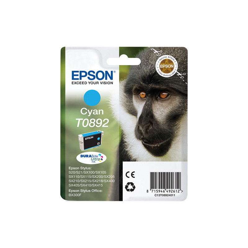 Epson Monkey Yksittäispakkaus, syaani T0892 DURABrite Ultra -muste