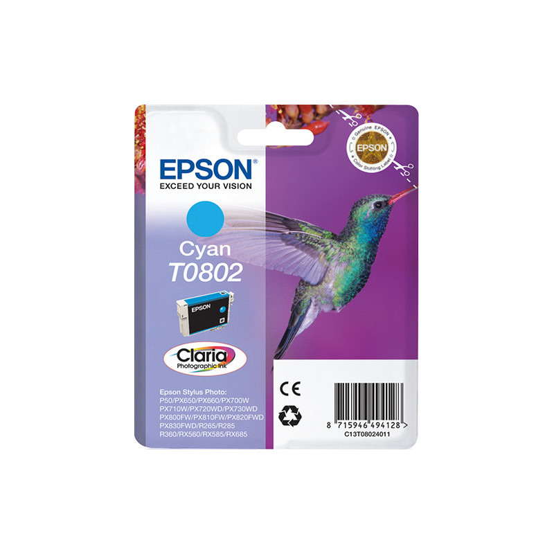 Epson Hummingbird Yksittäispakkaus, syaani T0802 Claria Photographic -muste