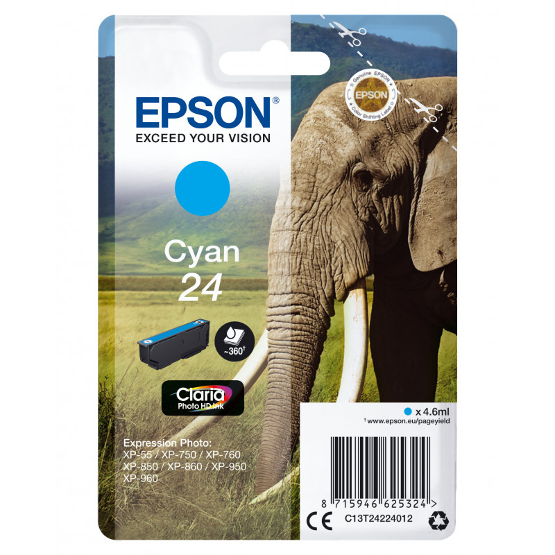Epson Elephant Yksittäispakkaus, syaani 24 Claria Photo HD -muste