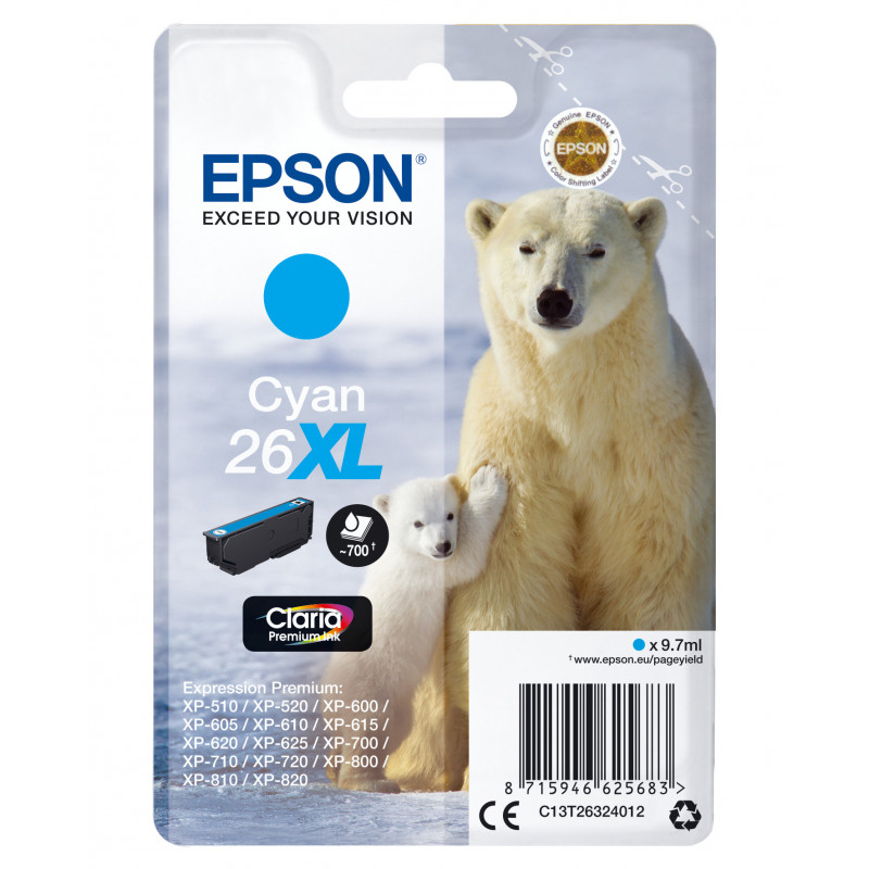 Epson Polar bear Yksittäispakkaus, syaani 26XL Claria Premium -muste
