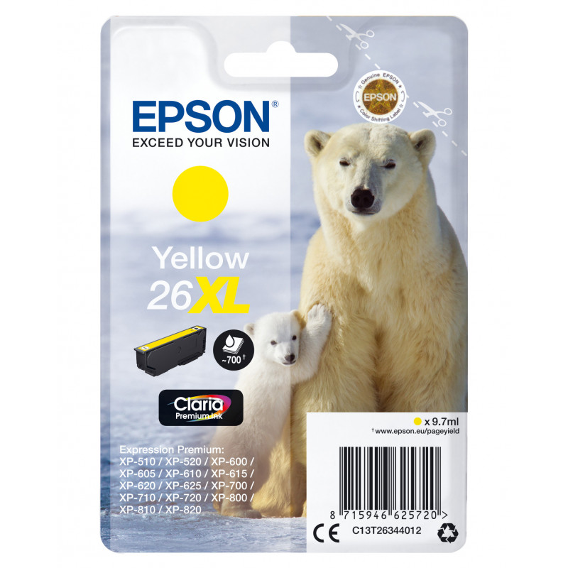 Epson Polar bear Yksittäispakkaus, keltainen 26XL Claria Premium -muste