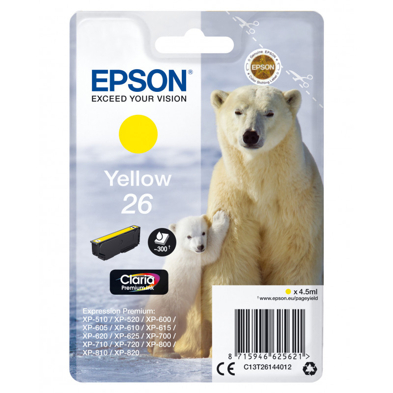Epson Polar bear Yksittäispakkaus, keltainen 26 Claria Premium -muste