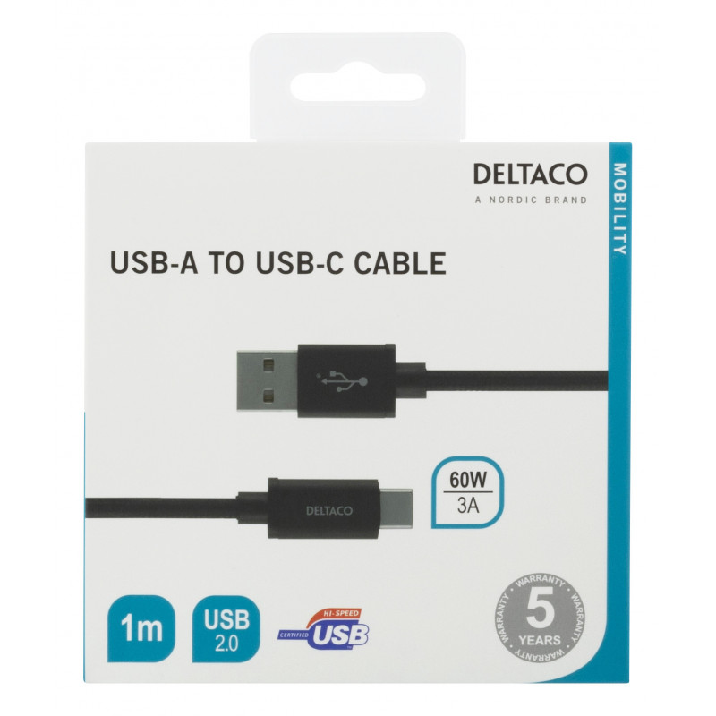 Deltaco USBC-1132M USB-kaapeli 1 m USB 2.0 USB A Musta