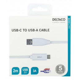Deltaco USBC-1011M USB-kaapeli 2 m USB 2.0 USB A Valkoinen